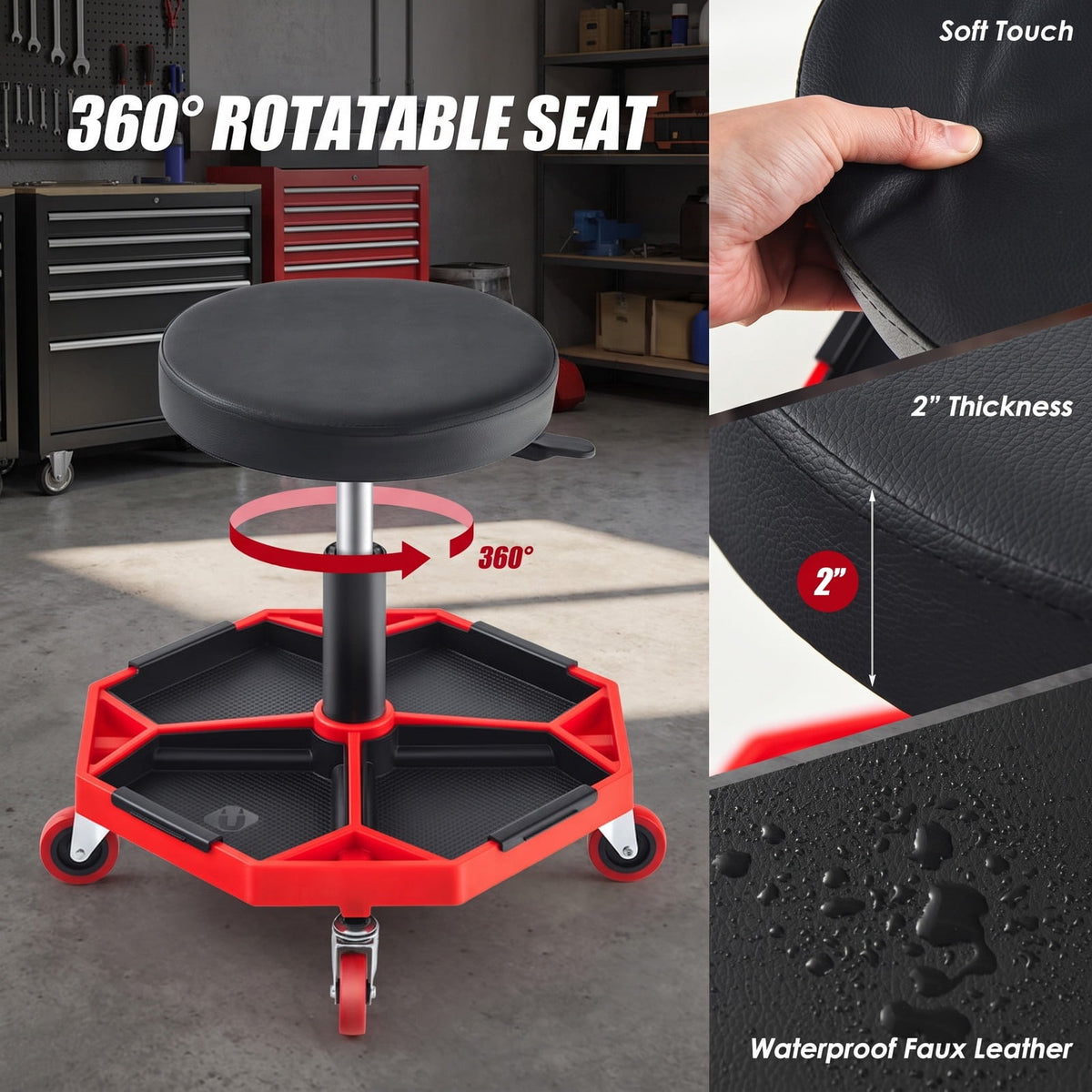 Airfind 330 LBS Capacity Pneumatic Rolling Mechanic Stool with Padded Seat, 20 x 20 x 16 inch Footprint, Red