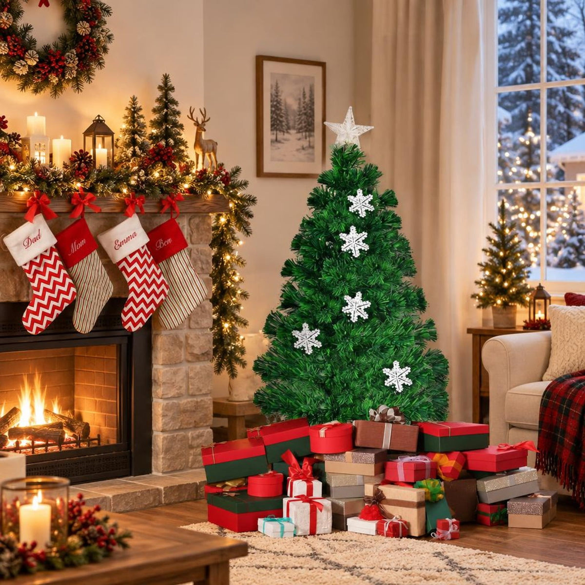 Airfind LED Optic Artificial Christmas Tree with Snowflakes-3 Feet, PVC Frame, 2.4 x 5 (Diameter x H) Height: 5 ft Weight: About 8 lbs Footprint