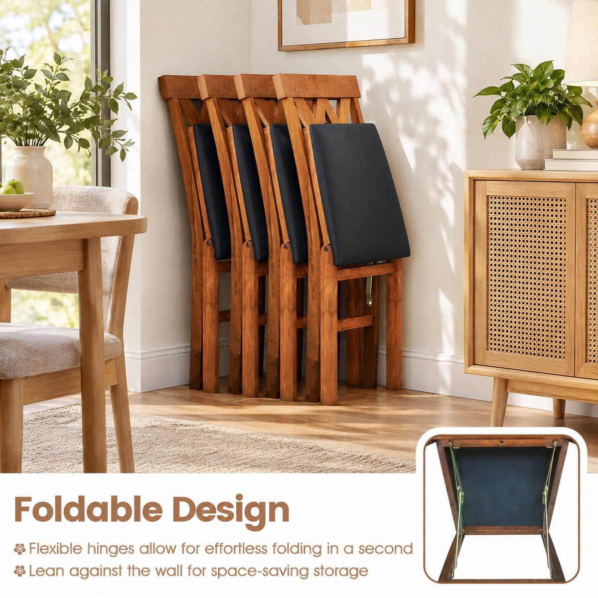 Airfind Folding Wooden Dining Chair Set of 2 Faux Leather Upholstered Kitchen Armless Chairs, 330 lbs Capacity, 16 Inch x 21 Inch x 36 Inch Footprint, Walnut