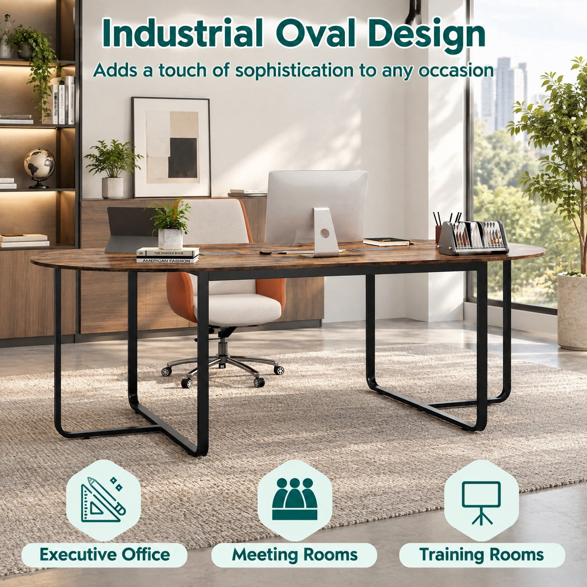Airfind Oval Conference Industrial Executive, 95 Inches, Table with Dual Cable Holes, 265 lbs Capacity, Engineered Wood Metal Frame, Brown