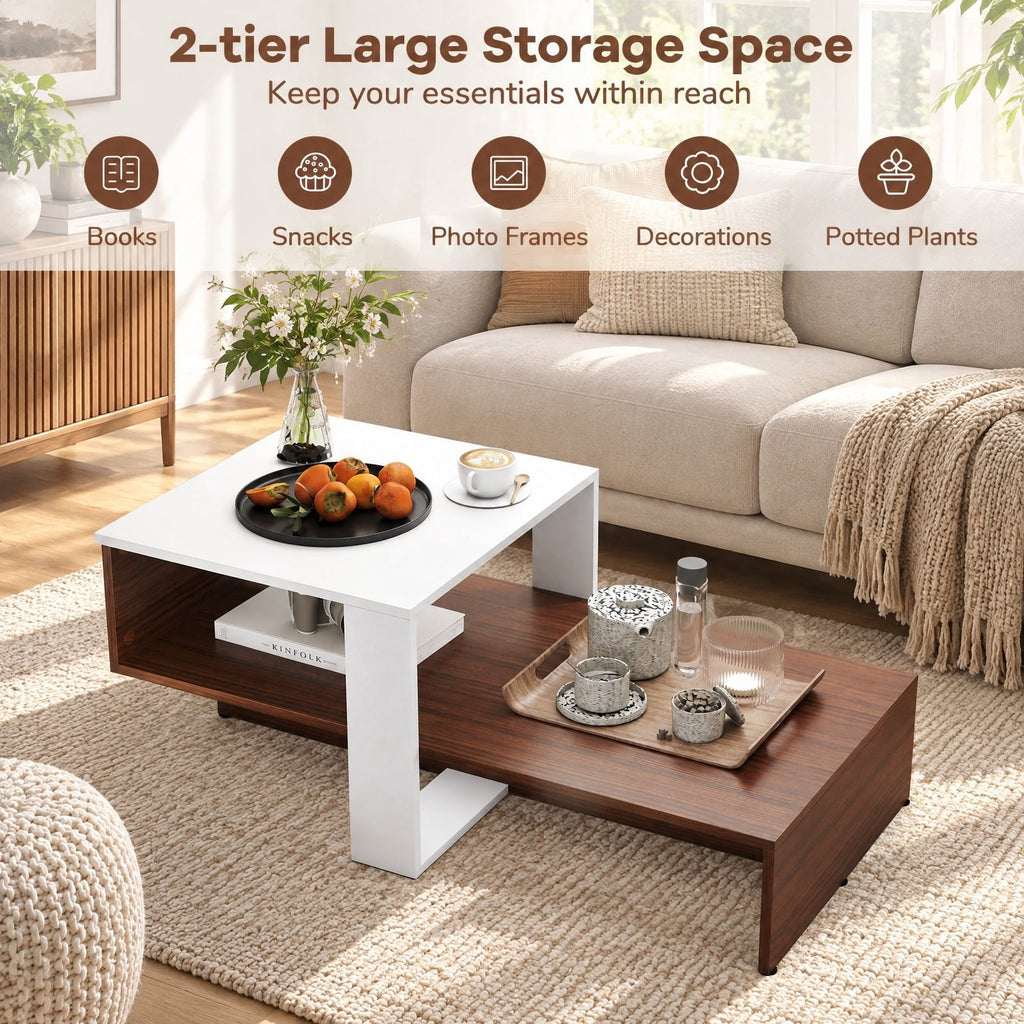 Airfind 2-Tier Geometric Coffee Table with Storage Shelves for Living Room and Reception Room, 110 lbs Capacity, Engineered Wood Frame, White