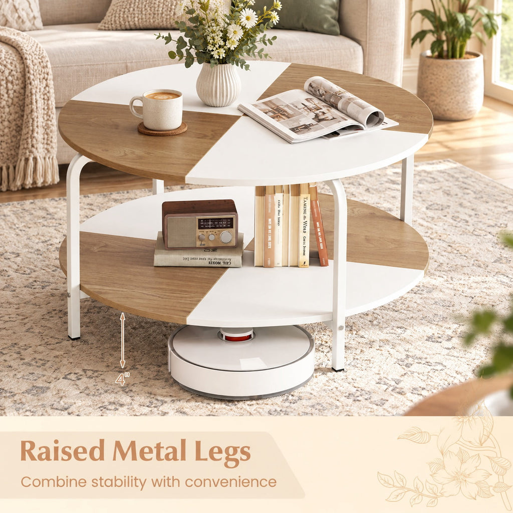 Airfind 2-Tier Round Coffee Table Metal Frame with Storage Shelf-Natural and White, 220 lbs Capacity, Engineered Wood Metal Frame, Coffee