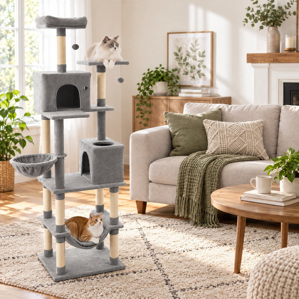 Airfind 80 Inches Tall Cat Tree with 2 Large Condos and Dangling Toys, 33 lbs Capacity, Engineered Board Sisal Plush Fabric Sponge Frame, Light Gray