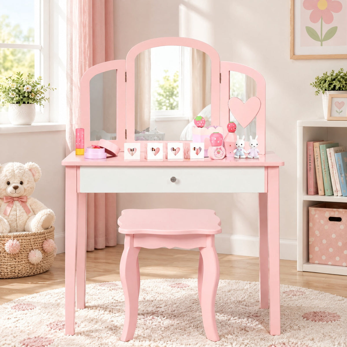Airfind Kids Princess Make Up Dressing Table with Tri-folding Mirror and Chair, 33 lbs Capacity, MDF Frame, 27.5 x 13.5 x 37.5 Footprint, Pink