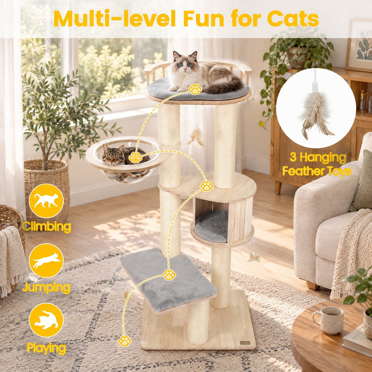Airfind Cat Tree for Indoor Kittens with Top Perch Condo Space and 3 Hanging Feather Toys, Gray, 4 Inch sisal scratching posts for cats to claw