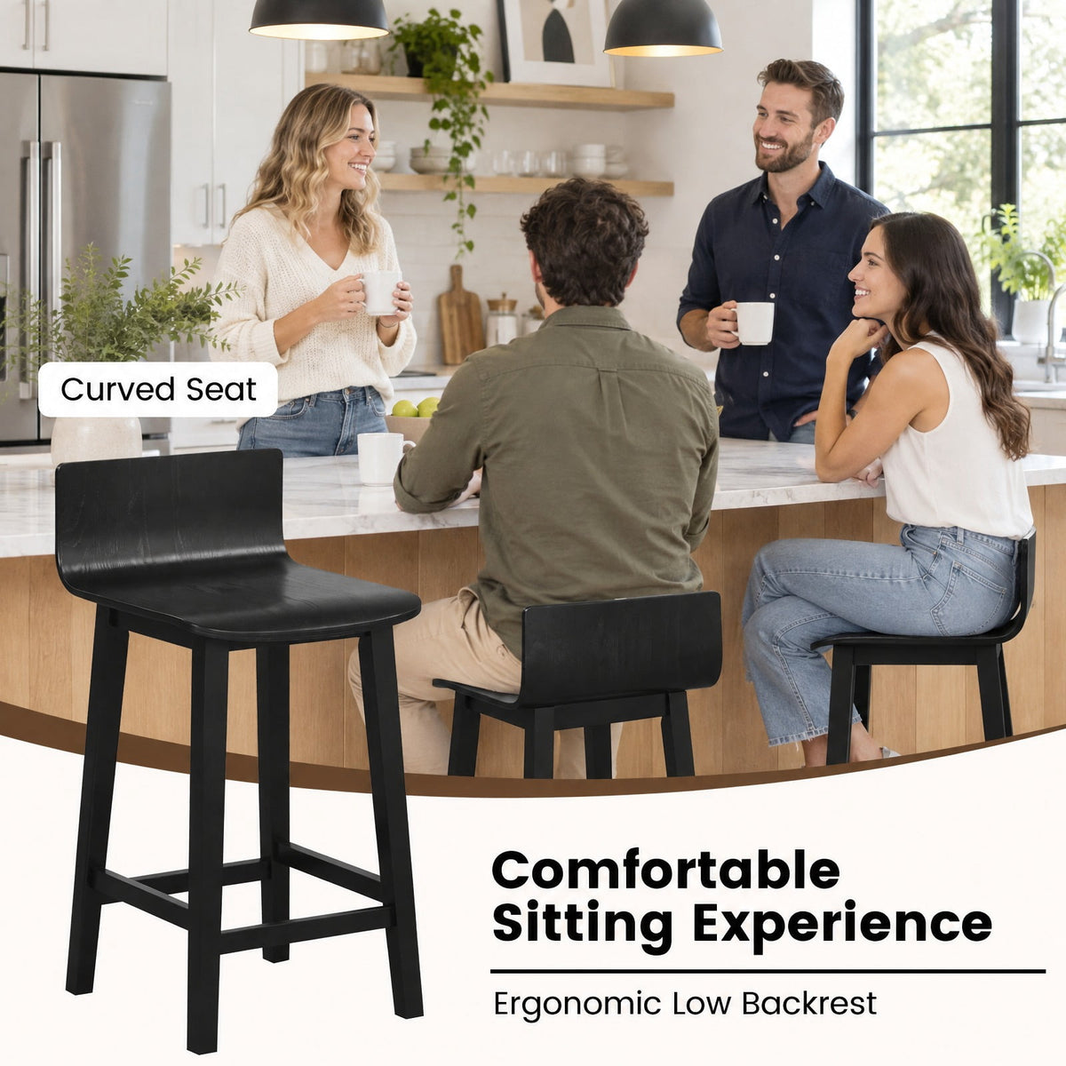 Airfind Wood Bar Stools Set of 2 with Solid Back and Seat, Black, Ergonomically designed backrest fits your body curve, for Everyday Home Use