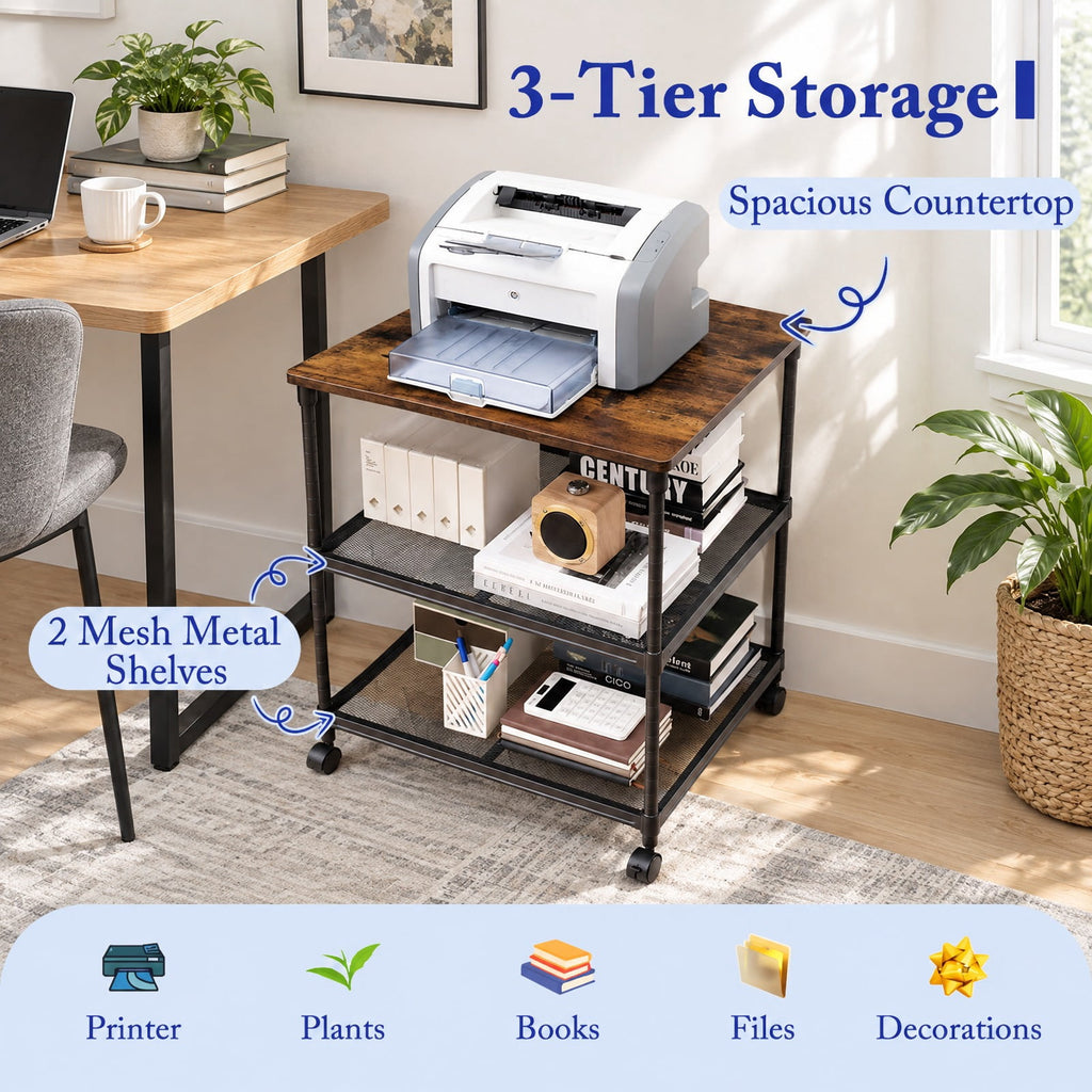 Airfind 3 Tier Printer Stand Rolling Fax Cart with Adjustable Shelf and Swivel Wheels, Engineered Wood Iron Frame, 24 x 20 x 27 Footprint, Coffee