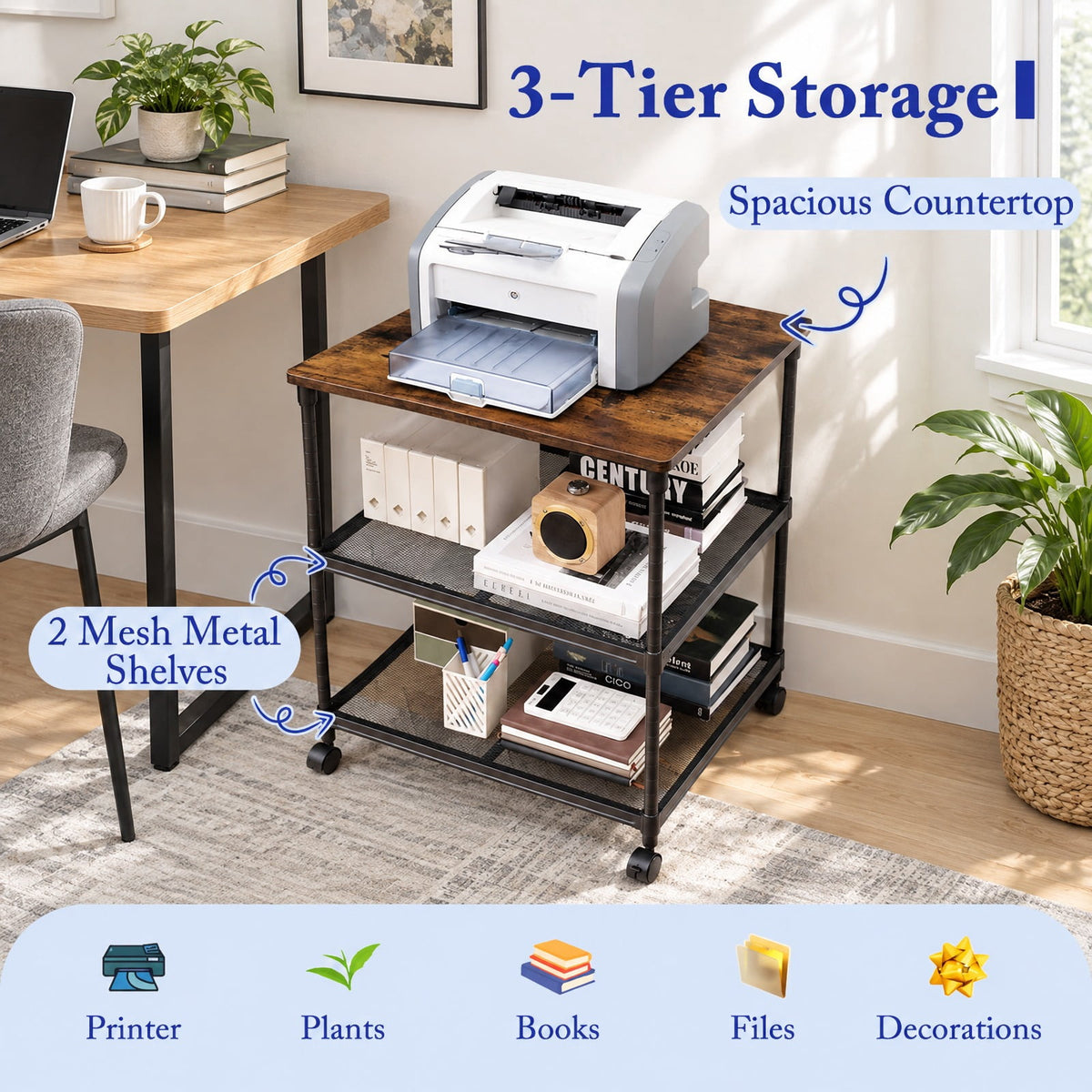 Airfind 3 Tier Printer Stand Rolling Fax Cart with Adjustable Shelf and Swivel Wheels, Engineered Wood Iron Frame, 24 x 20 x 27 Footprint, Coffee