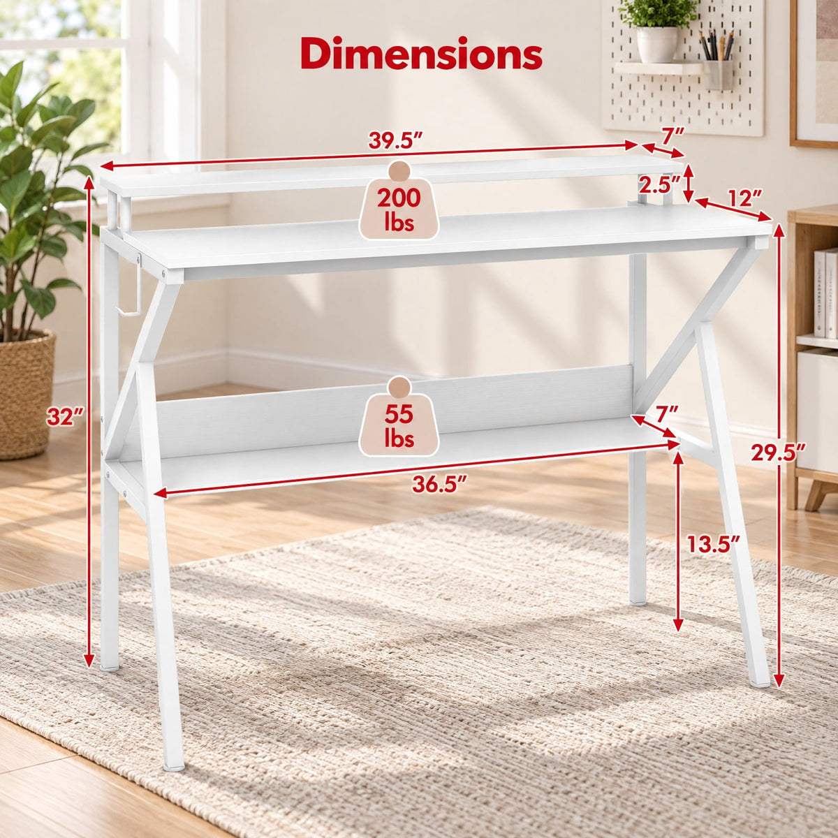 Airfind Space Saving Computer Desk with Monitor Stand and Extra Storage Shelf for Work Study, 200 lbs Capacity, Engineered Wood Metal Frame, White