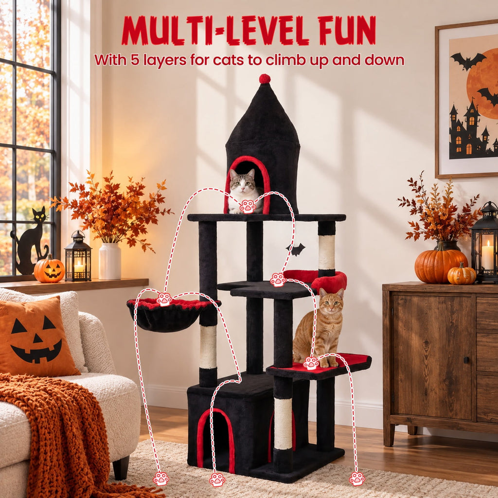 Airfind 63 Inch Gothic Cat Tree with Condo and Top Cave for Large Cats 20+ LBS, 22 lbs Capacity, Black
