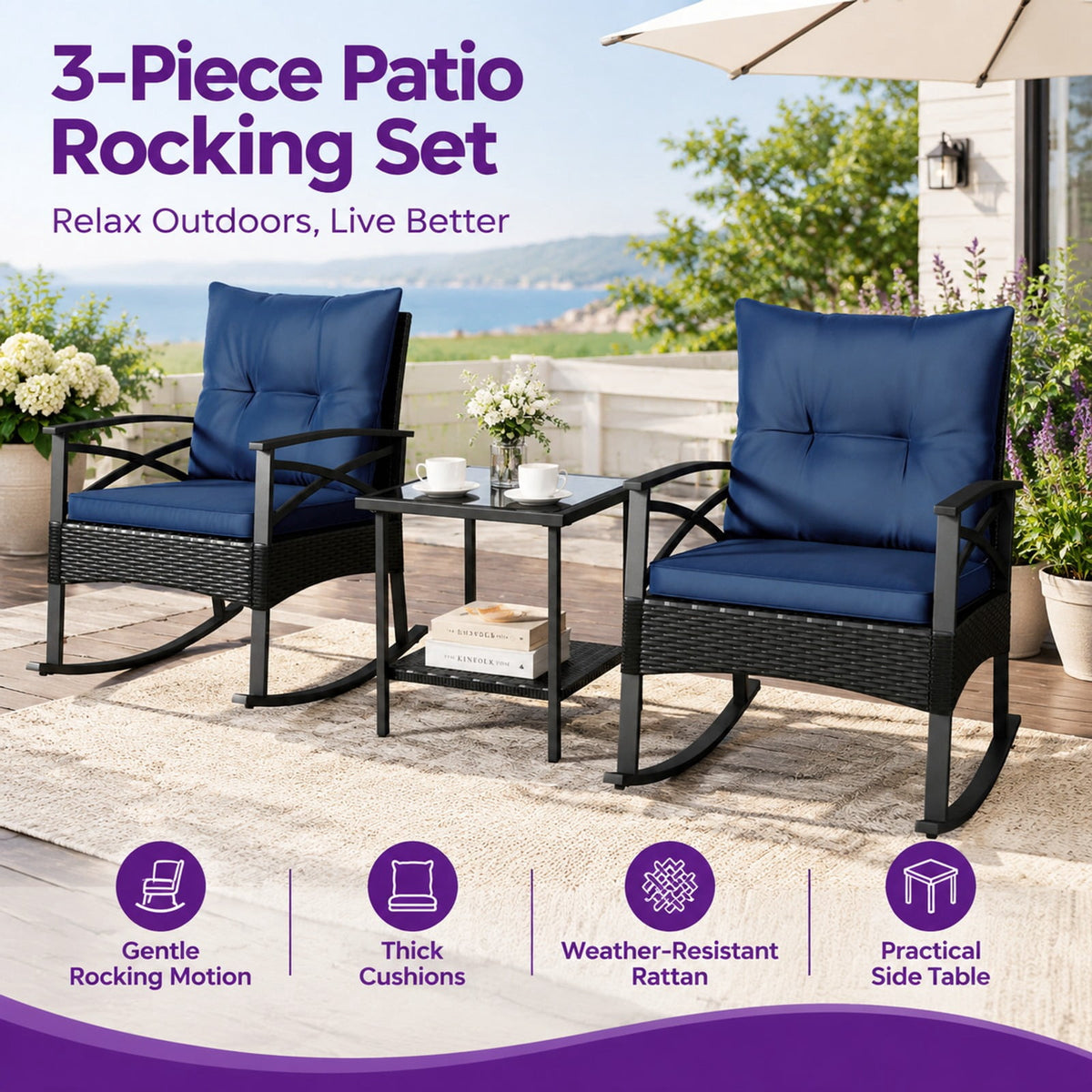 Airfind 3 Pieces Outdoor Rattan Rocking Chairs Set with 2-Tier Side Table for Garden Backyard, Table 100 lbs Capacity, 18 x 18 x 18.5 Footprint