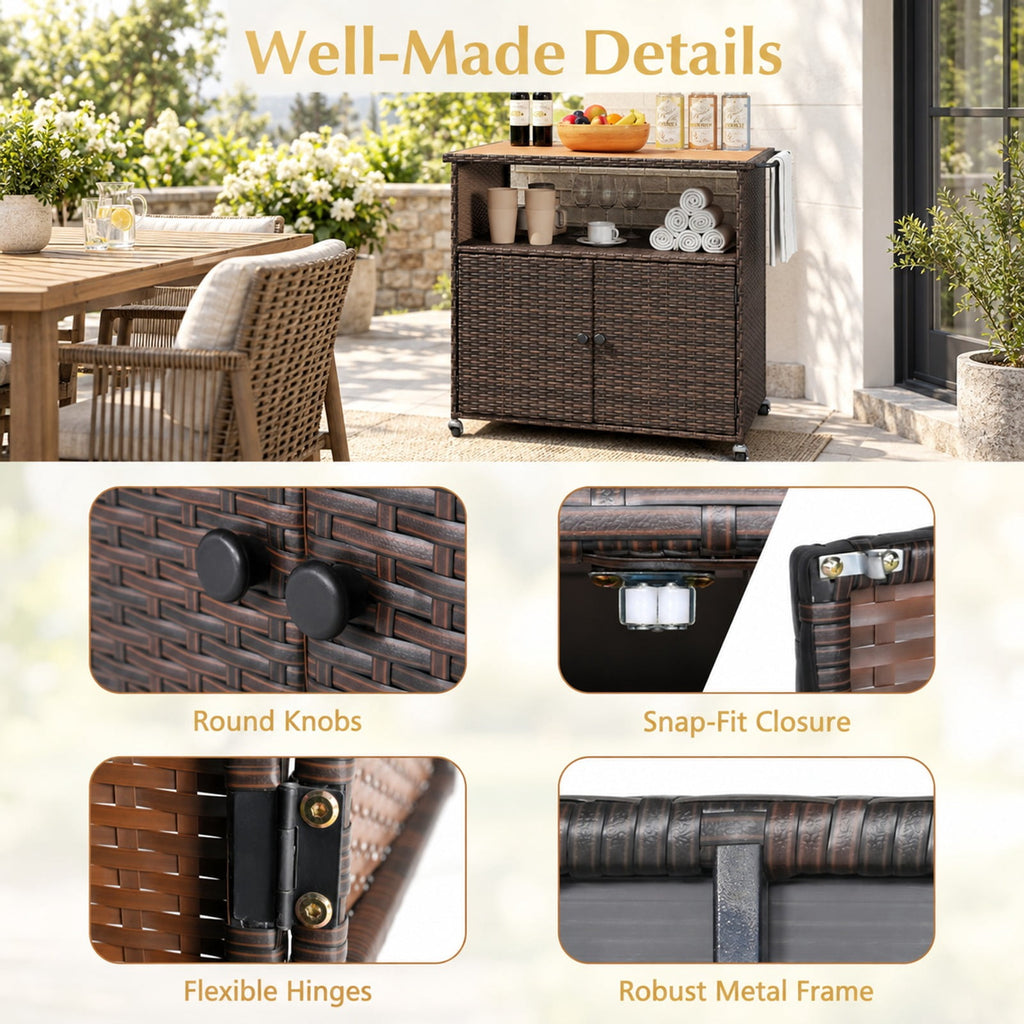 Airfind Outdoor Storage Cabinet with Acacia Wood Top and Lockable Wheels, 180 lbs Capacity, PE Rattan Acacia Wood Metal Frame, Black