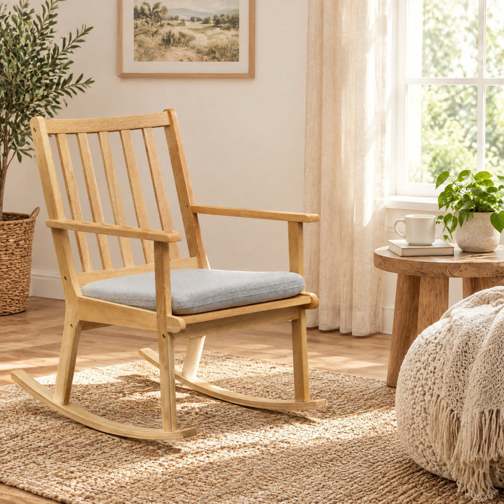Airfind Rocking Chair with Cushion Solid Rubber Wood Rocker with Padded Seat, 160 kg Capacity, Rubber Wood Fabric Sponge Frame, Natural