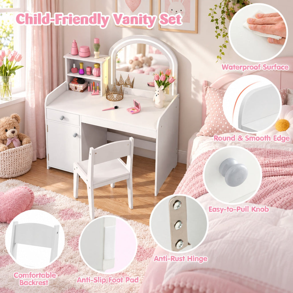 Airfind Kids Vanity Table and Chair Set with Shelves Drawer and Cabinet, P2 MDF Acrylic Frame, for Over 3 Years Old, 31.5 Inch x 16 Inch x 37 Inch Footprint