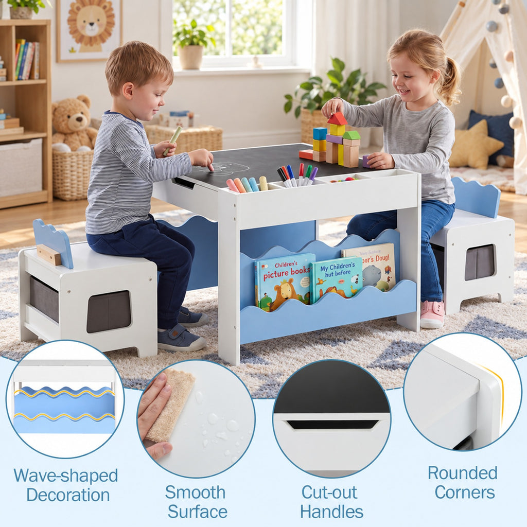 Airfind Multi-purpose Activity Kids Table and Chairs Set with Double-sided Tabletop, 55 lbs Capacity, MDF Frame, 26 Inch x 25 Inch x 19 Inch Footprint, Blue