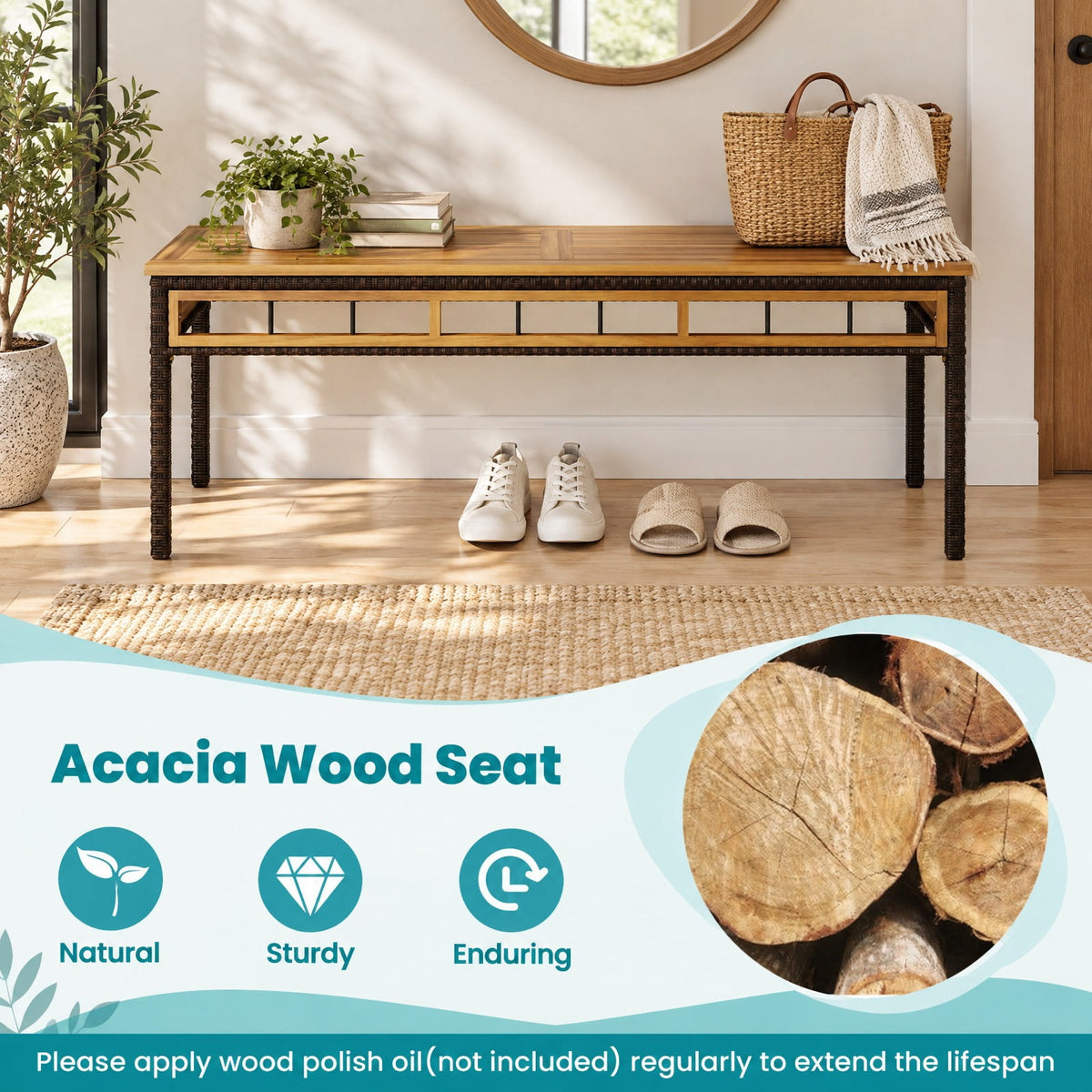 Airfind Wicker Patio Bench for 2 People 48invh Long Backless Dining Bench with Acacia Wood Seat, 800 lbs Capacity, Acacia Wood Frame, White