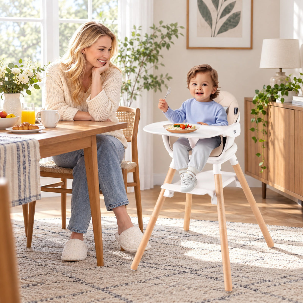 Airfind 6 in 1 Convertible Highchair with Safety Harness and Removable Tray, PP PU Beech Frame, 24.5 x 23 x 35.5 Footprint, Beige
