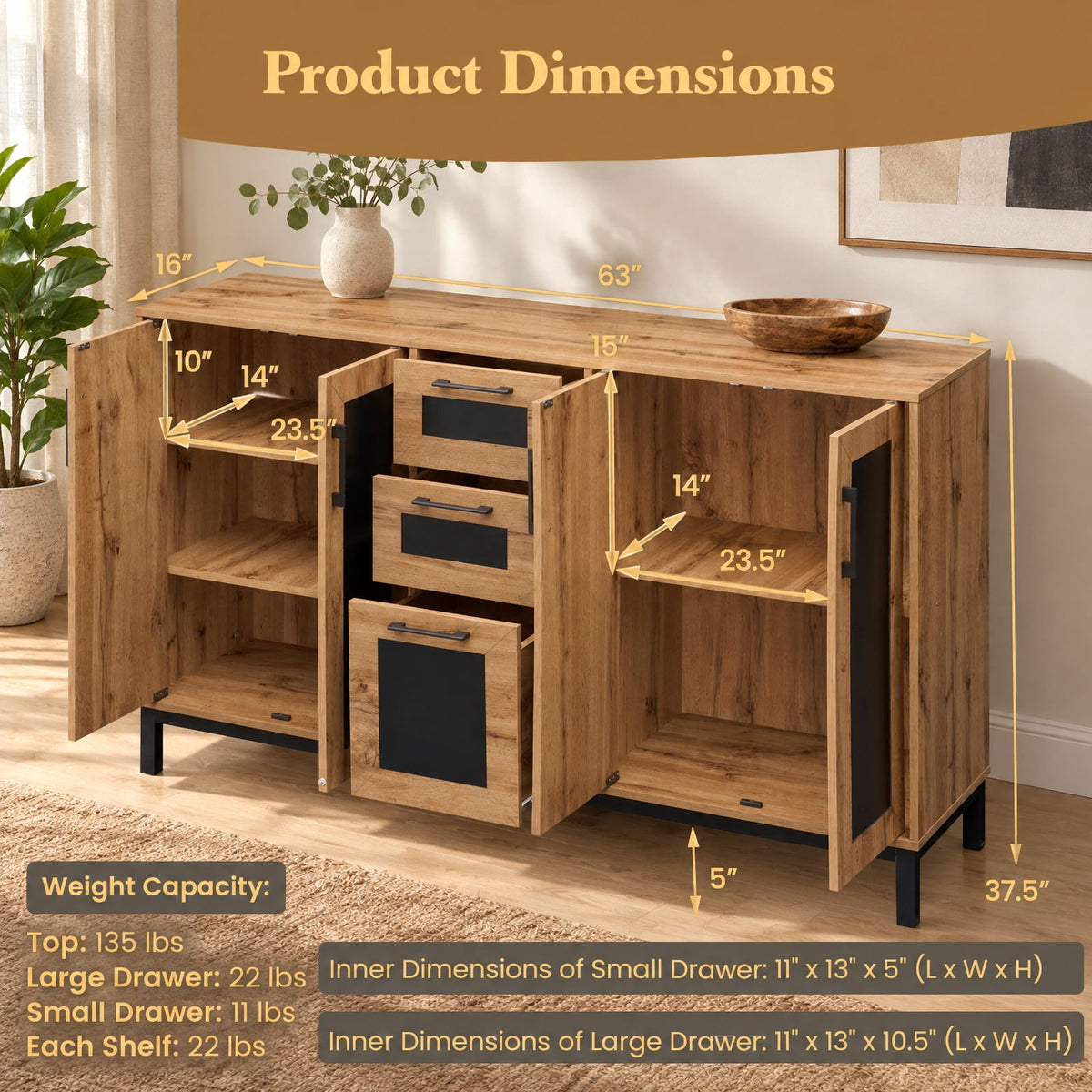 Airfind 63 Inch Sideboard Buffet Cabinet with 3 Drawers and Storage Shelves, 135 lbs Capacity, Engineered Wood Frame, 63 Inch x 16 Inch x 37.5 Inch Footprint