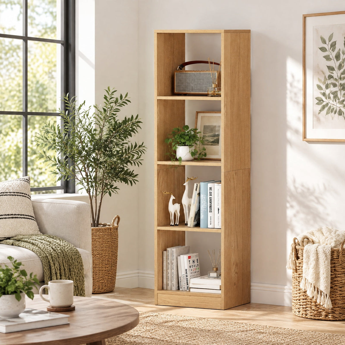 Airfind 5 Tiers 4-Cube Narrow Bookshelf with 4 Anti-Tipping Kits, 165 lbs Capacity, Engineered Wood Frame, 15 x 13 x 56 Footprint, Natural