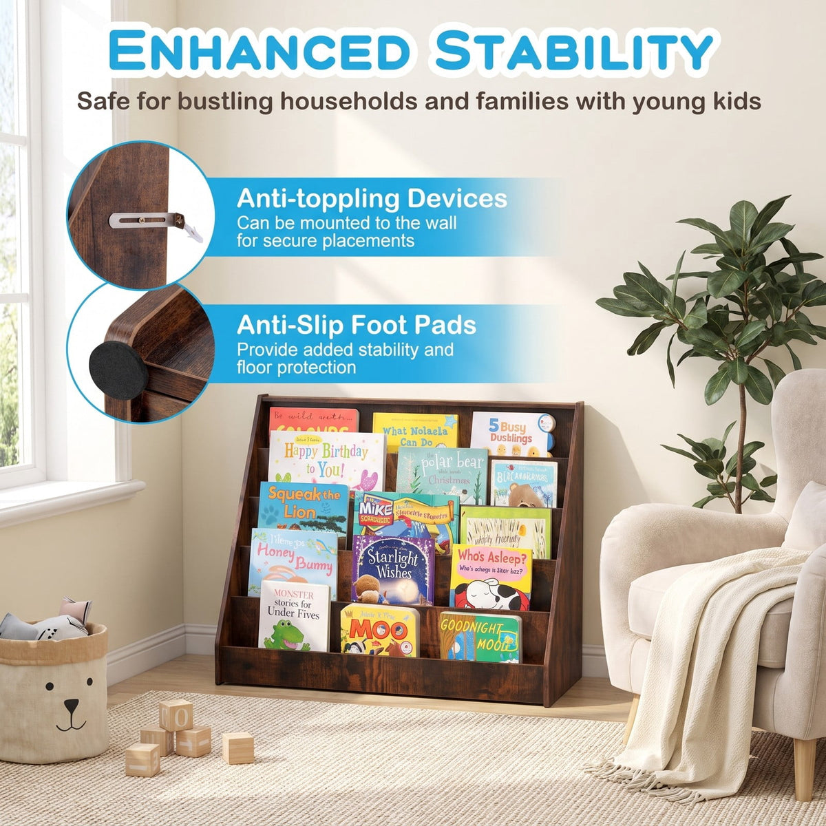 Airfind 5-Tier Kids Bookshelf with Deep Compartments and Stable Baby Book Case, Engineered Wood Frame, for 3+, 36 x 15 x 30 Footprint, Brown