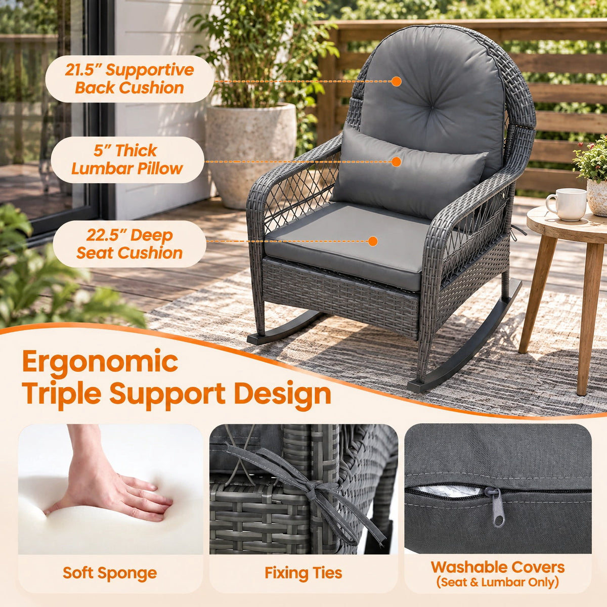 Airfind 400 LBS Patio Rattan Rocker Chair with Anti-Tip Stoppers and Thick Cushions for Porch, 400 lbs Capacity, 25 x 29 x 34 Footprint, Gray