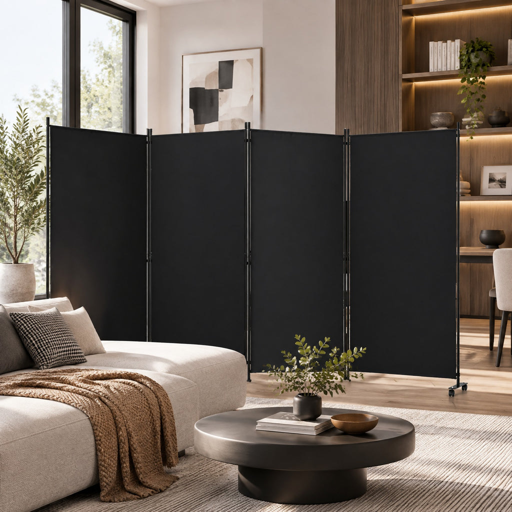 Airfind 4 Panel Folding Privacy Screen Room Divider with Wheels, Polyester Fabric Metal PP Frame, 137 x 12 x 71.5 Footprint, Black