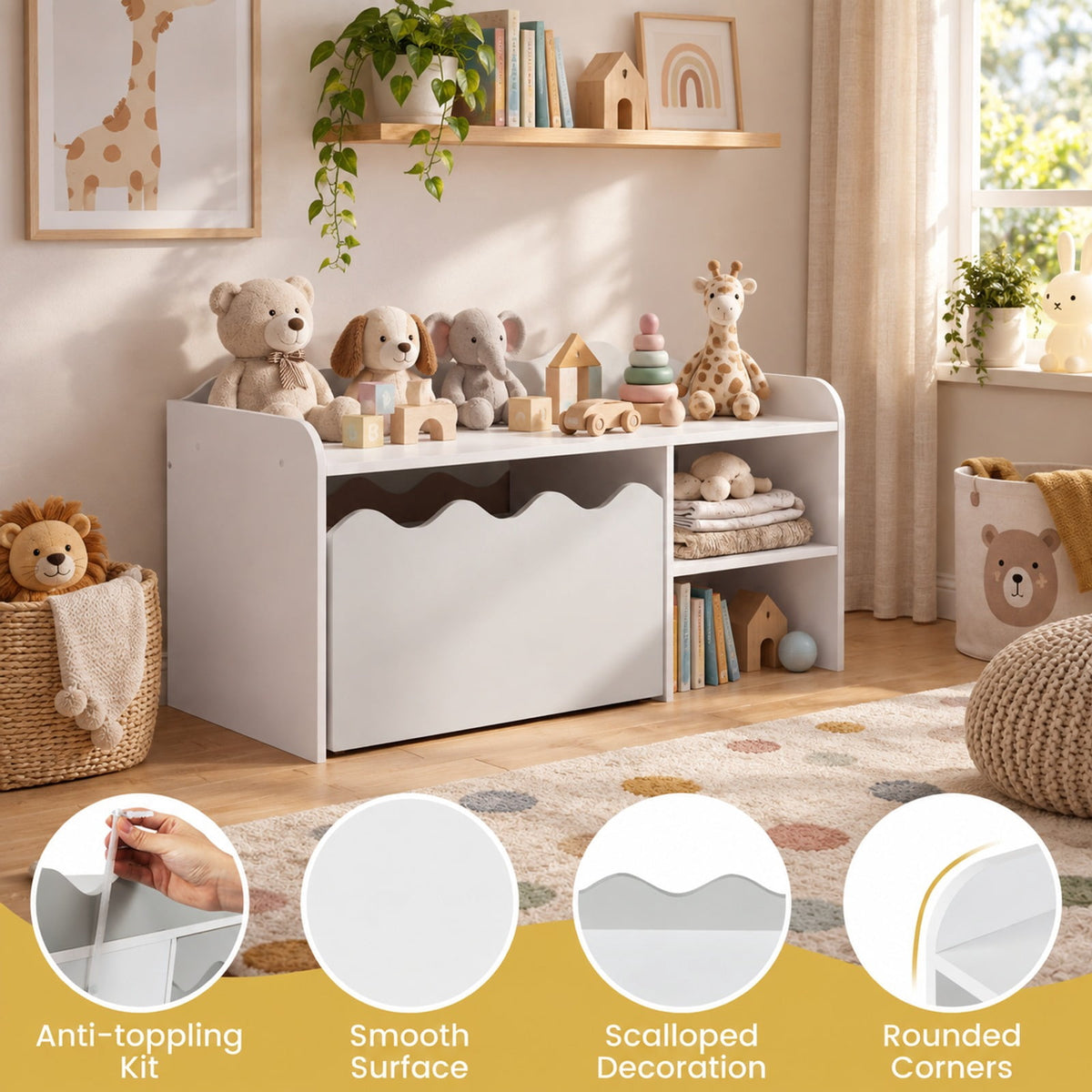 Airfind Scalloped Kids Bookshelf and Toy Storage Organizer for Playroom, 77 lbs Capacity, MDF Frame, for 3+ Years Old, 35 Inch x 16 Inch x 18 Inch Footprint