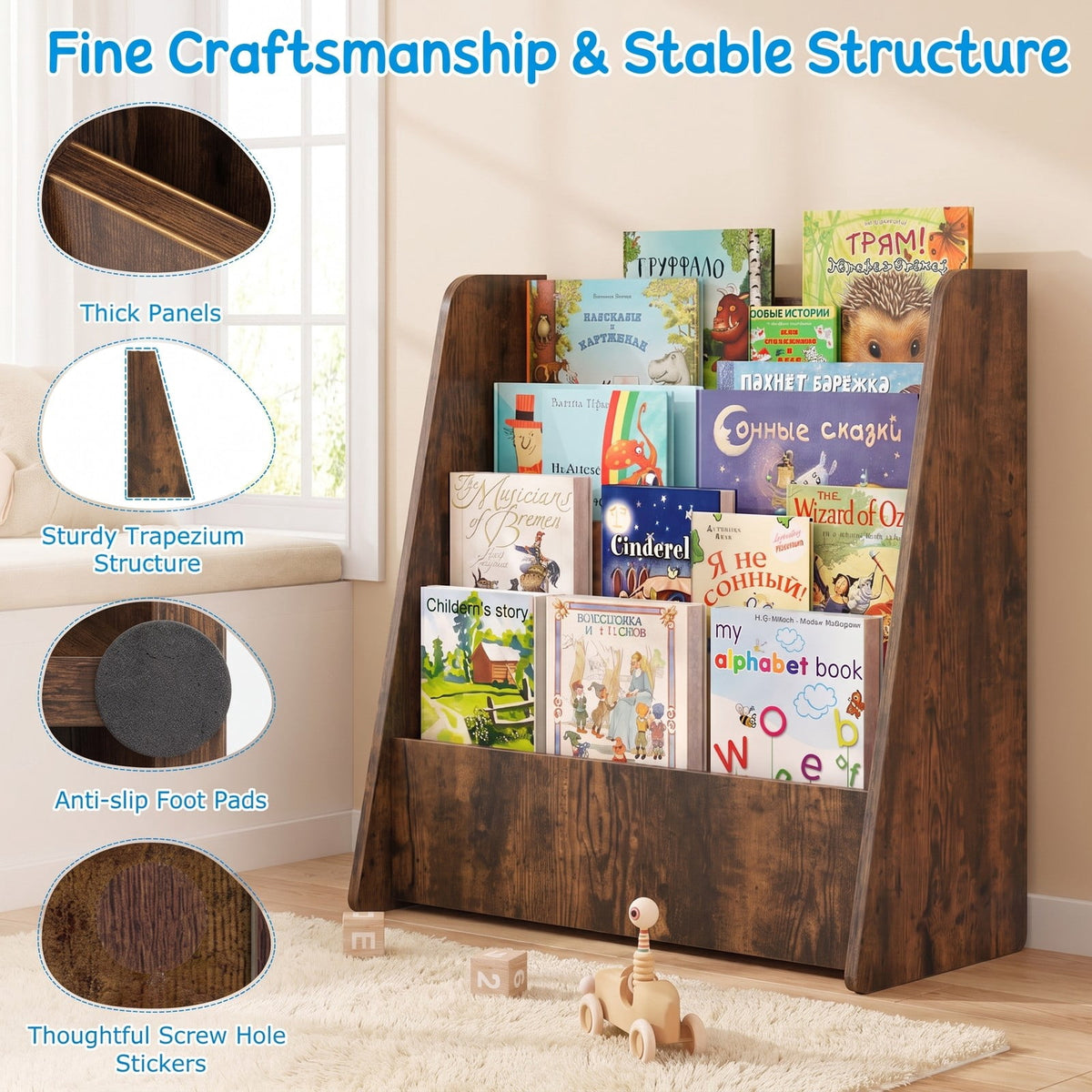 Airfind 4-Tier Kids Bookshelf with Deep Compartments for Bedroom, 22.5 x 10.5 x 23 inch Footprint, Brown