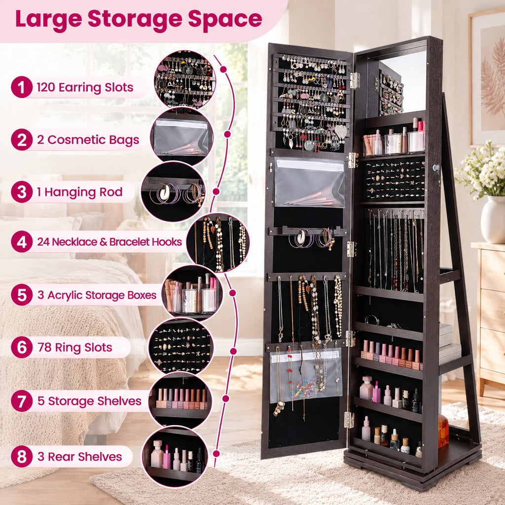 Airfind Jewelry Cabinet, 360¡ã Rotatable 2-in-1 Lockable, with Full-Length Mirror, P2 MDF Frame, 15 Inch x 15 Inch x 63.5 Inch (L x W x H) External, Brown