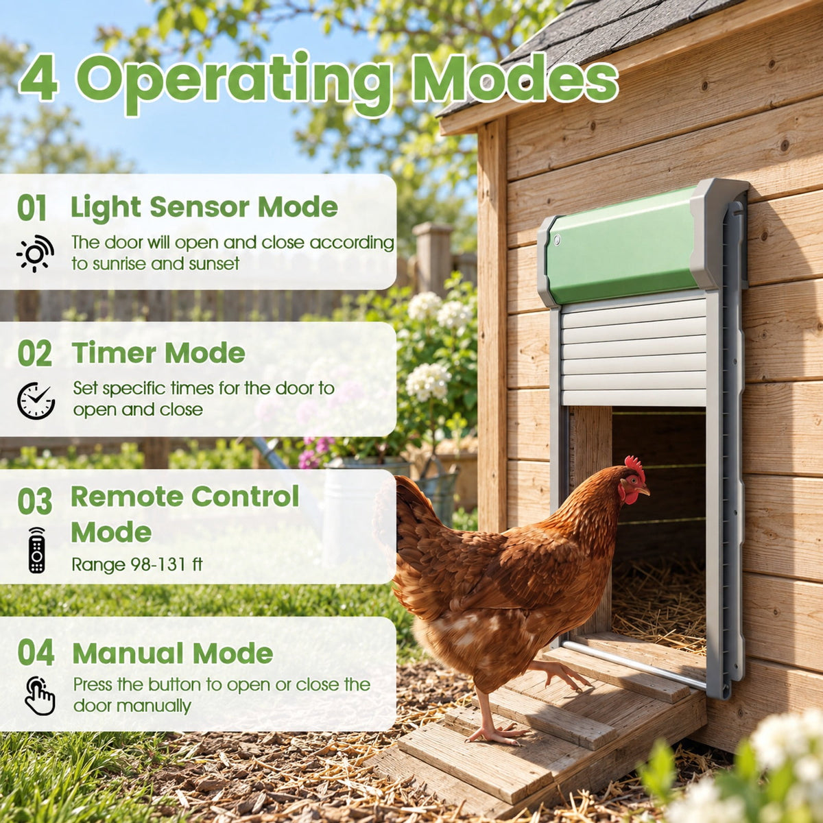 Airfind Automatic Chicken Coop Door with Remote Control and Light Sensor Timer, Aluminum ABS Silicon Frame, 14 x 12 x 4 Footprint, Green Sliver