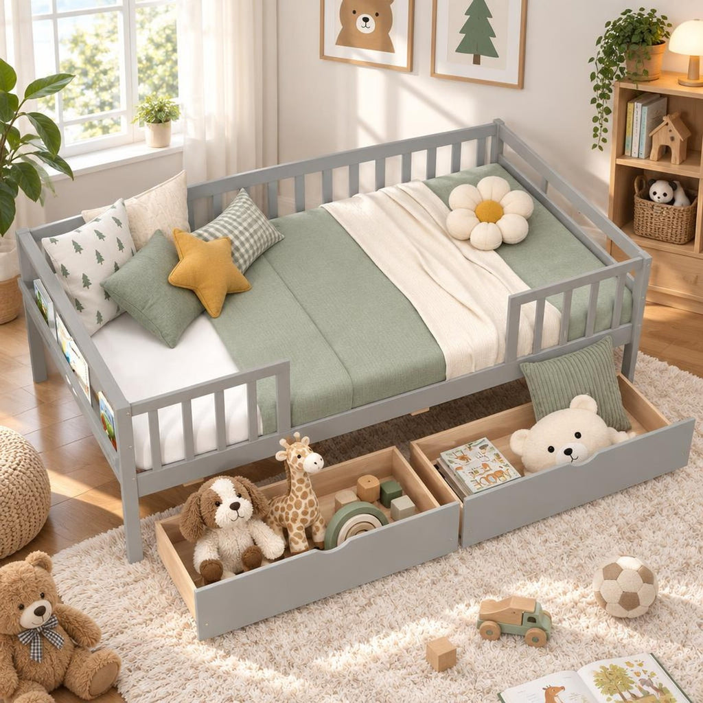 Airfind Twin Daybed with Fence and 2 Drawers Kids Bed for Boys Girls, 200 lbs Capacity, Pine Wood MDF Engineered Wood Plywood Frame, Gray