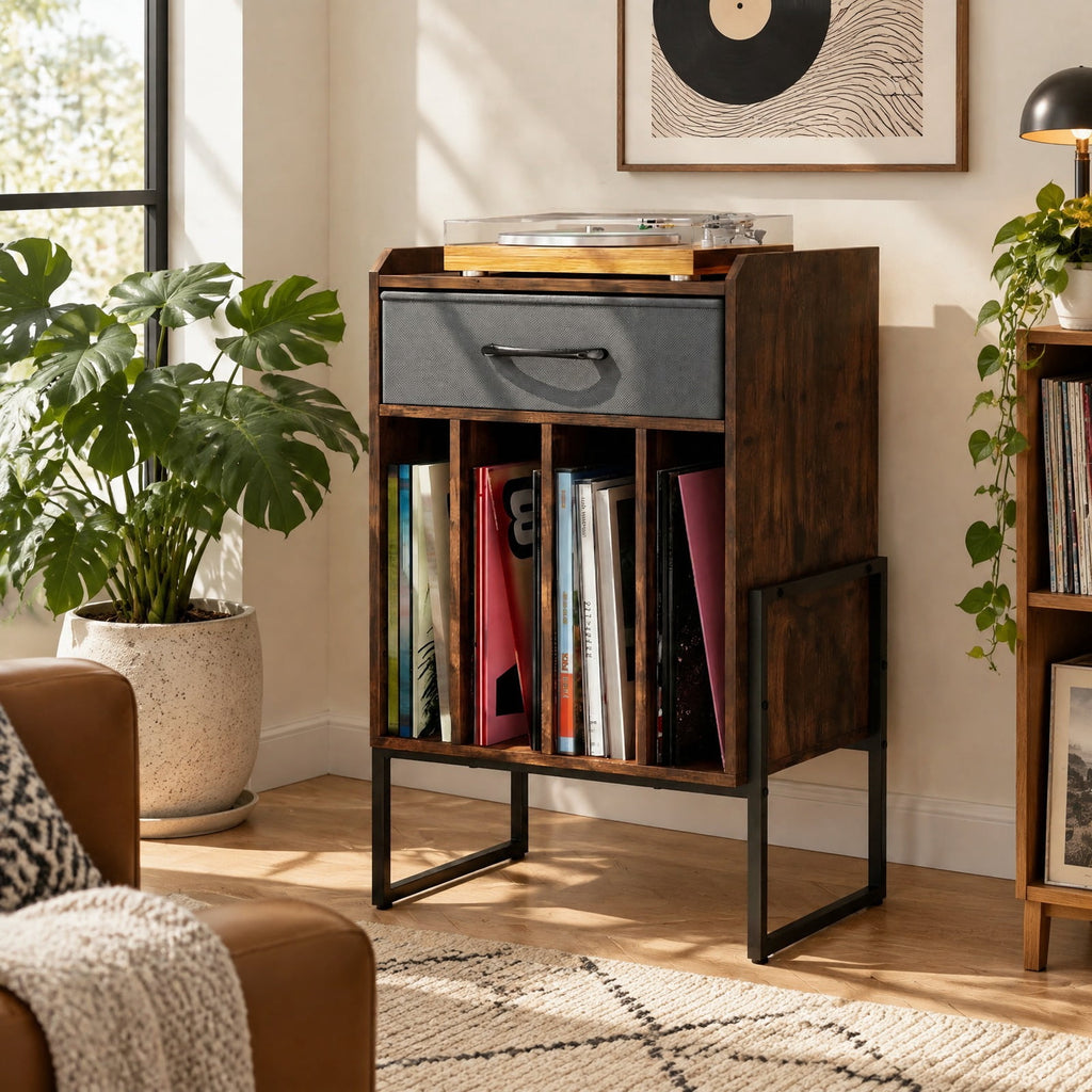 Airfind Record Player Stand with Drawer and Record Holder, 66 lbs Capacity, Engineered Wood MDF Metal Non-woven Fabric Frame, Brown