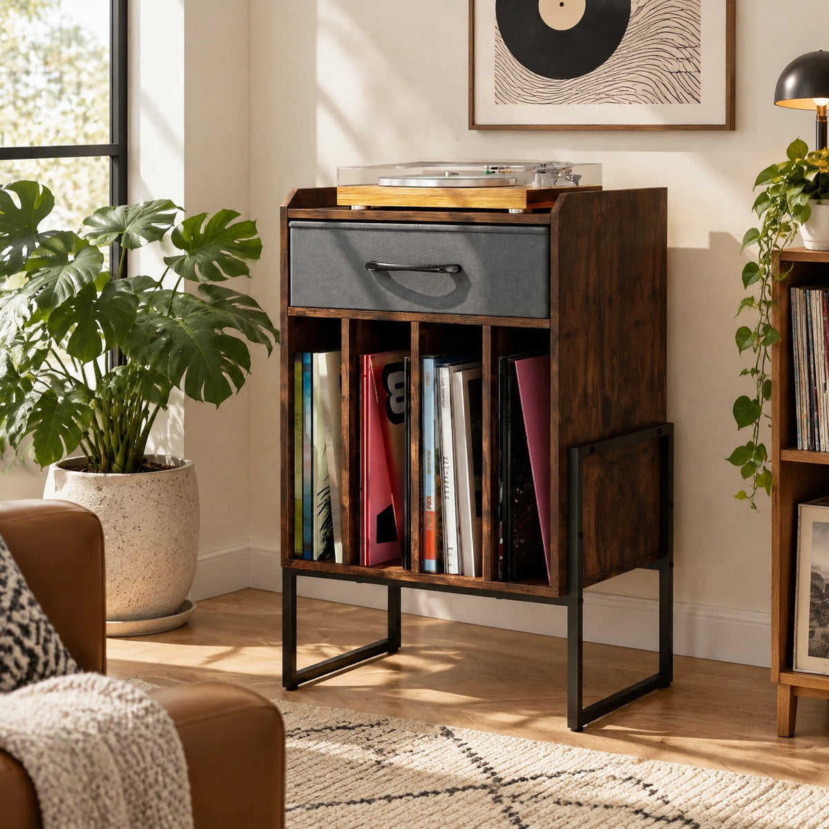 Airfind Record Player Stand with Drawer and Record Holder, 66 lbs Capacity, Engineered Wood MDF Metal Non-woven Fabric Frame, Brown