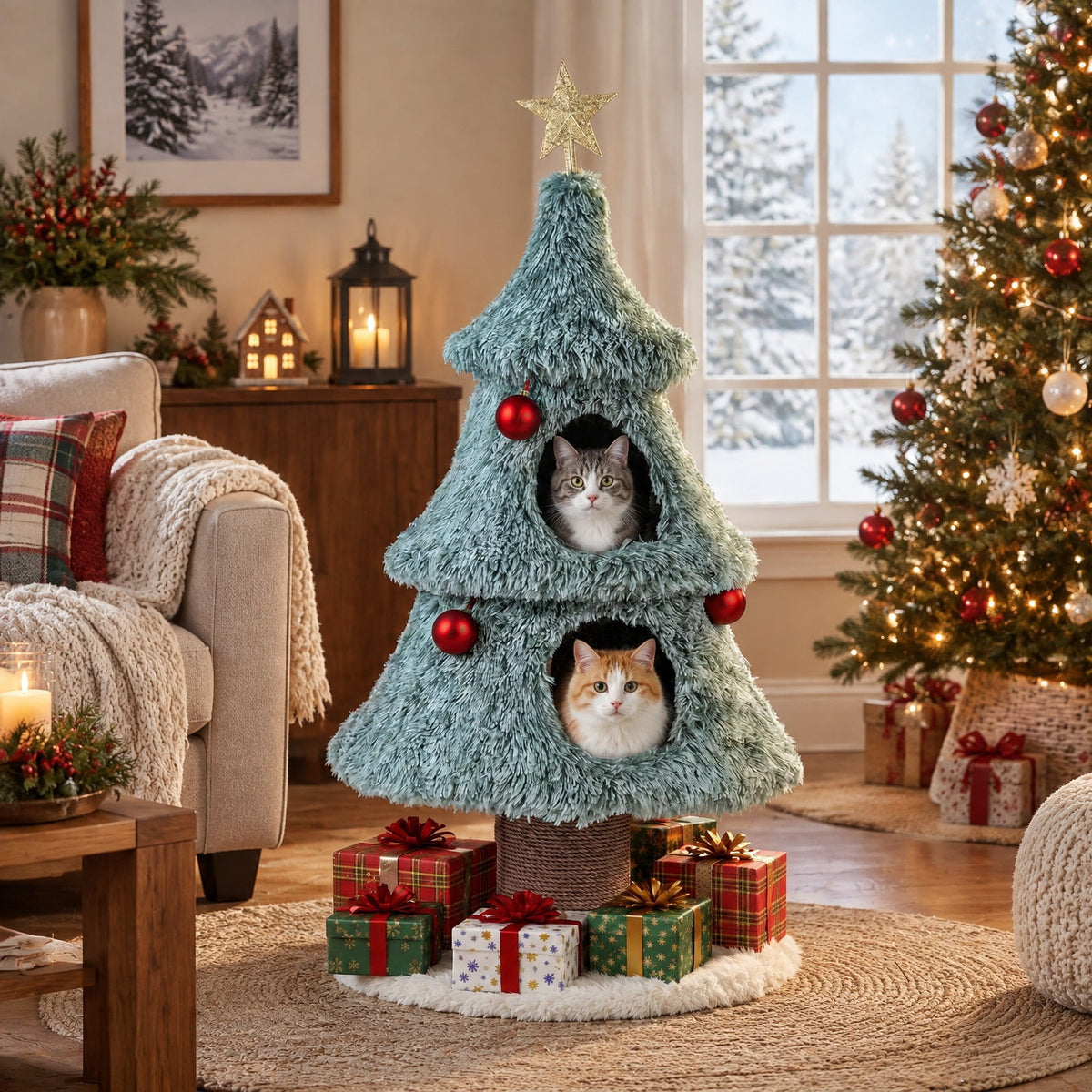 Airfind Christmas Cat Tree for Indoor Cats 48.5 inch Cute Cat Tower with 2 Large Condos Scratching Post, Engineered Wood Jute Rope Plush Frame