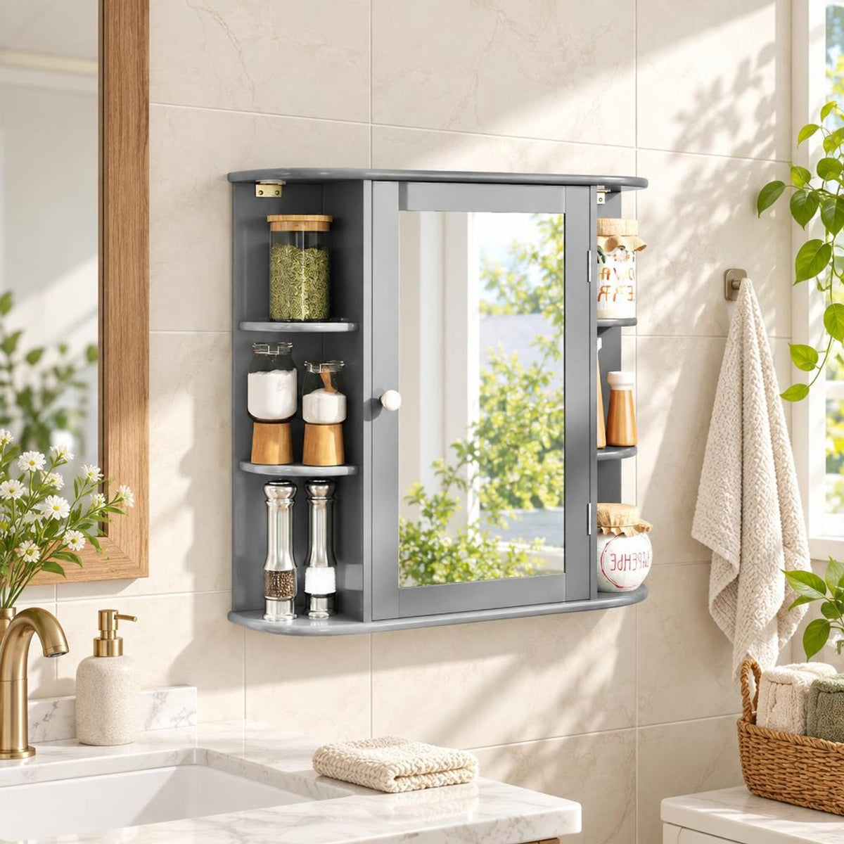 Airfind Multipurpose Mount Wall Surface Bathroom Storage Cabinet with Mirror, 44 lbs Capacity, MDF Frame, Gray