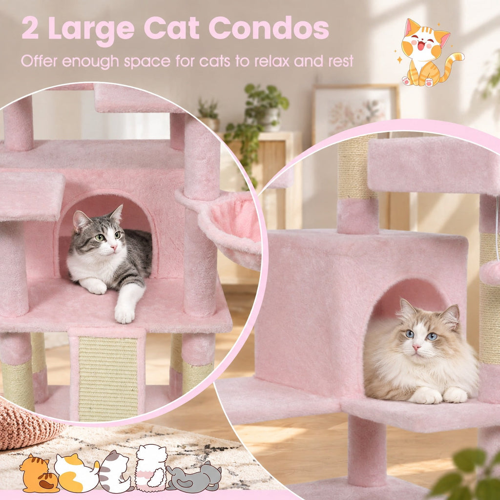 Airfind 65 Inch Tall Multi-level Cat Tree with 3 Upholstered Perch and 2 Cat Condos, Fabric Sisal Engineered Wood Overall Height 65 Inch Base Frame