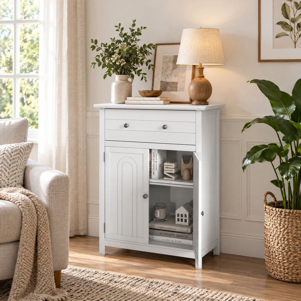 Airfind Free Standing Bathroom Storage Cabinet with Large Drawer, 110 lbs Capacity, MDF Frame, 23.5in x 12in x 31.5in Footprint, White