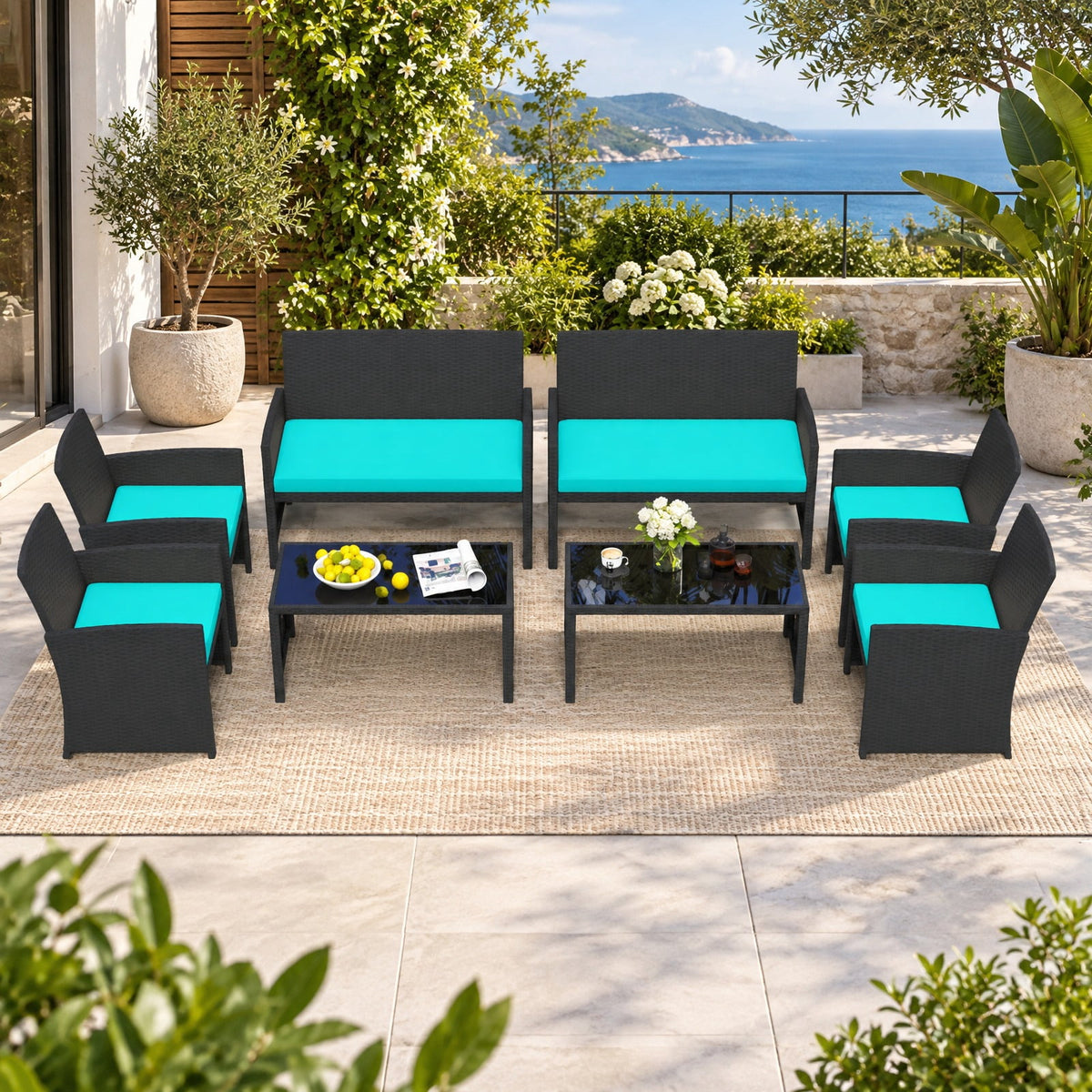 Airfind 4 Pieces Patio Furniture Set with Tempered Glass Tabletop and Removable Cushion, 400 lbs Capacity, Rattan Steel Sponge Frame, Turquoise