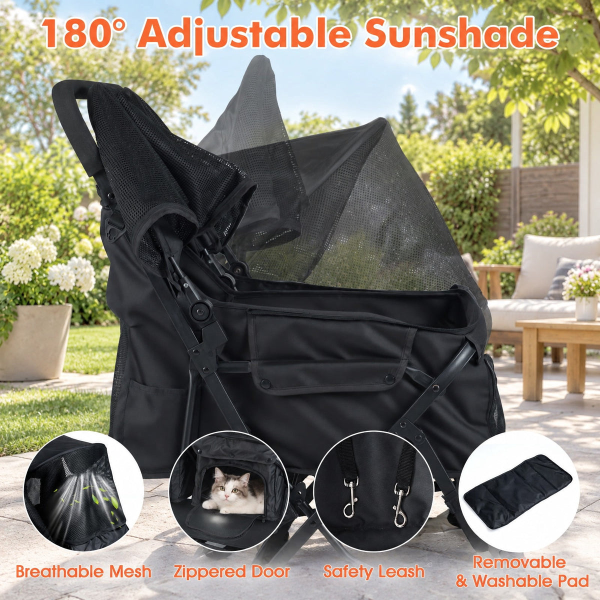 Airfind Foldable Double Pet Stroller with Adjustable Sunshade and Storage Basket, Aluminium Alloy Oxford Fabric PP EVA Frame, Black