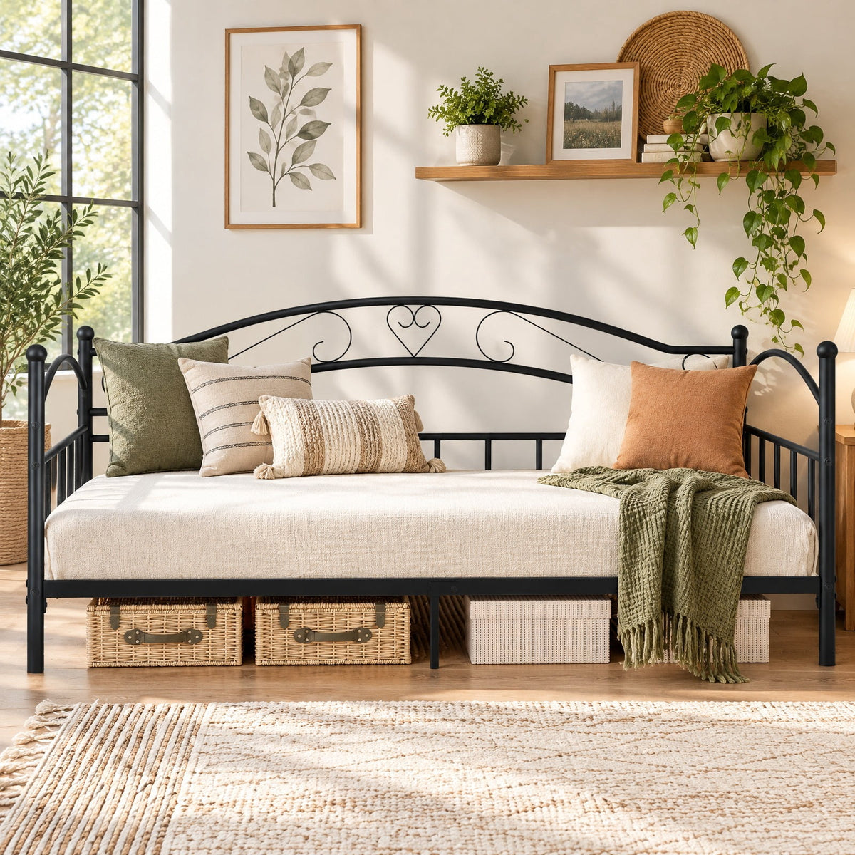 Airfind Twin Size Metal Daybed Frame with Headboard for Bedroom, 485 lbs Capacity, Metal Frame, 78 x 41.5 x 34.5 Footprint, Black