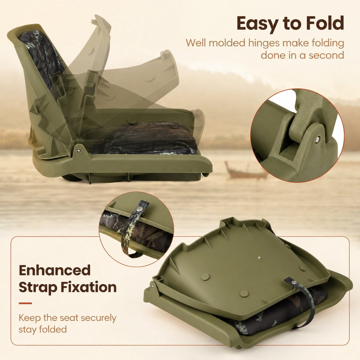 Airfind Folding Low Back Boat Seat with Marine Grade PVC and Sturdy PP Frame for Fishing Boats Pontoons and Marine Cabin Seating, Green