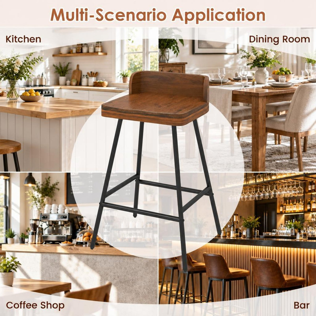 Airfind 24 Inch Industrial Rubber Wood Bar Stool with Low Back Metal Legs and Footrest, 330 Lbs Capacity, Rubber Wood Metal, Brown
