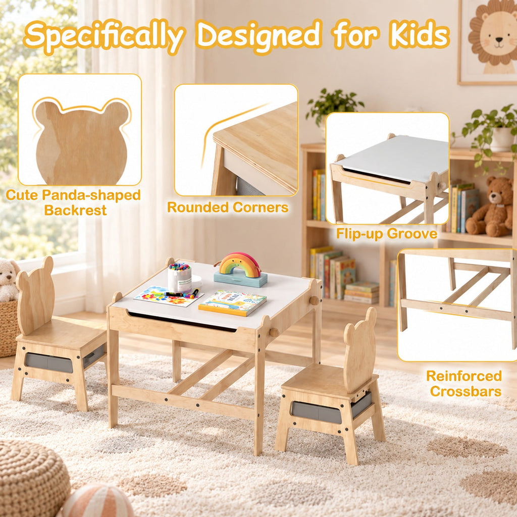Airfind Kids Table and Chairs Set with Reversible Whiteboard-Panda, 165 lbs Capacity, for 3+ Years Old, Natural