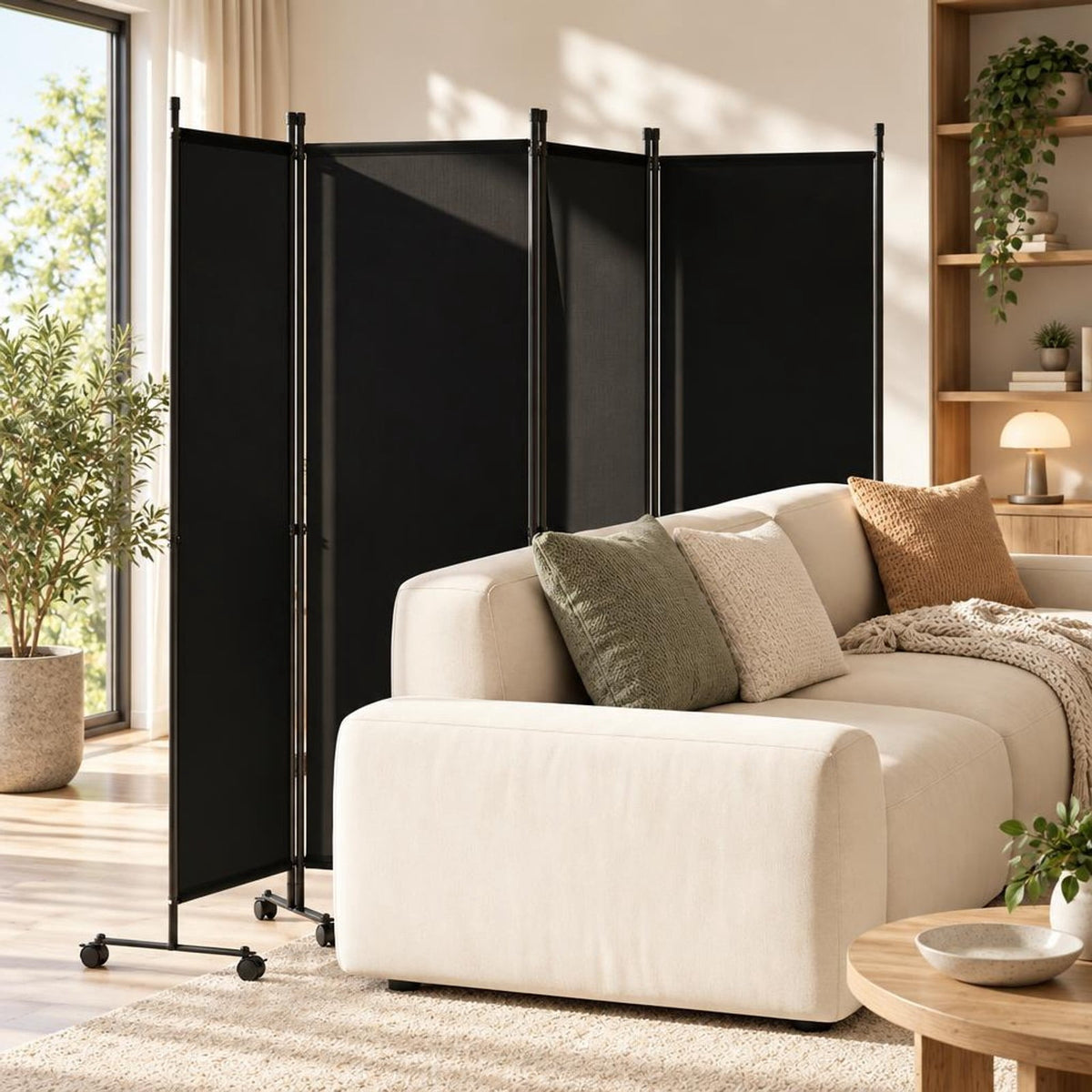 Airfind 4-Panel Room Divider with Lockable Wheels for Living Room, Polyester Fabric Metal Frame, 87in x 14in x 68in Footprint, Black