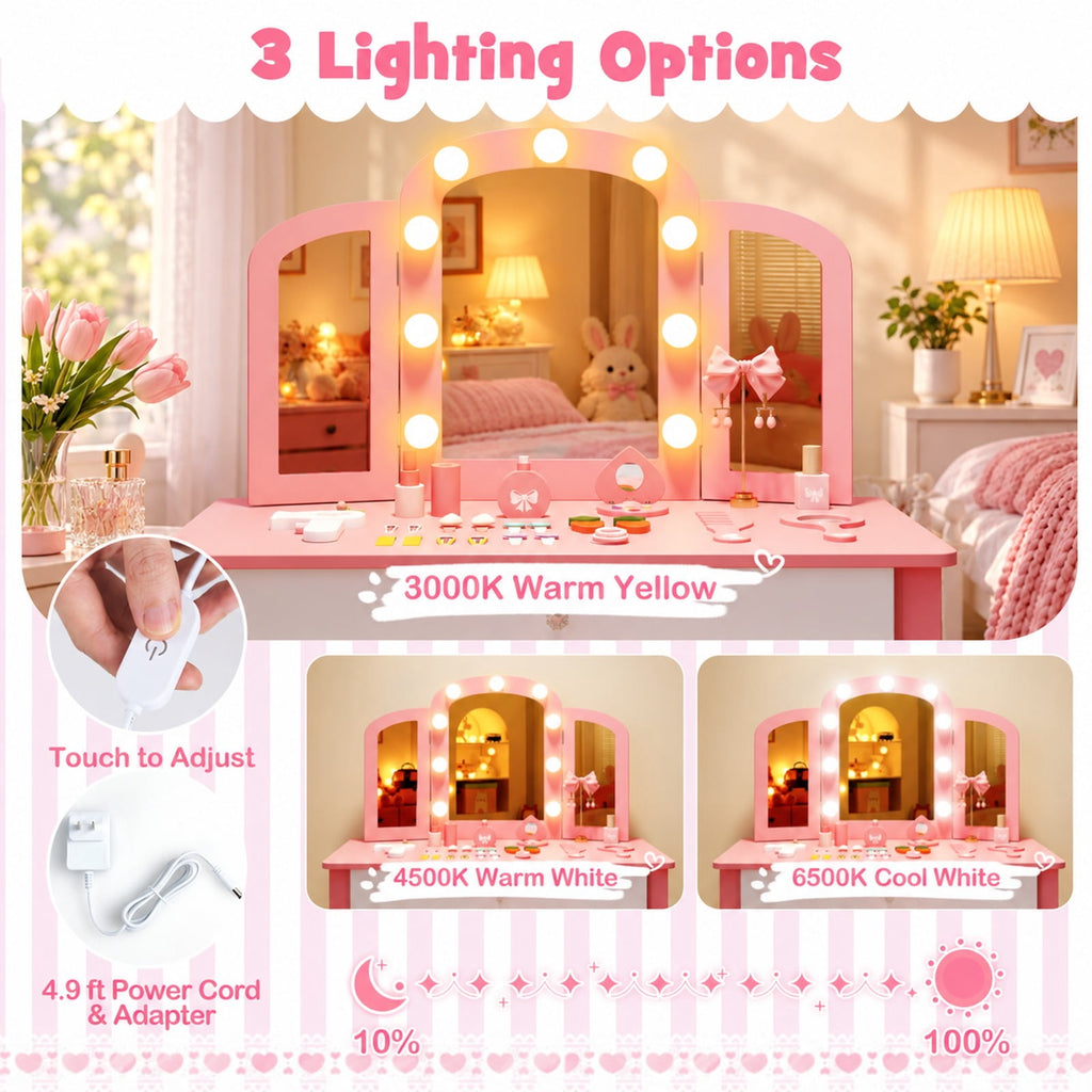 Airfind 2-in-1 Kids Vanity Table Set with Tri-Folding Detachable Mirror and Lights, 110 lbs Capacity, MDF Pine Wood Acrylic Frame, Footprint, Pink
