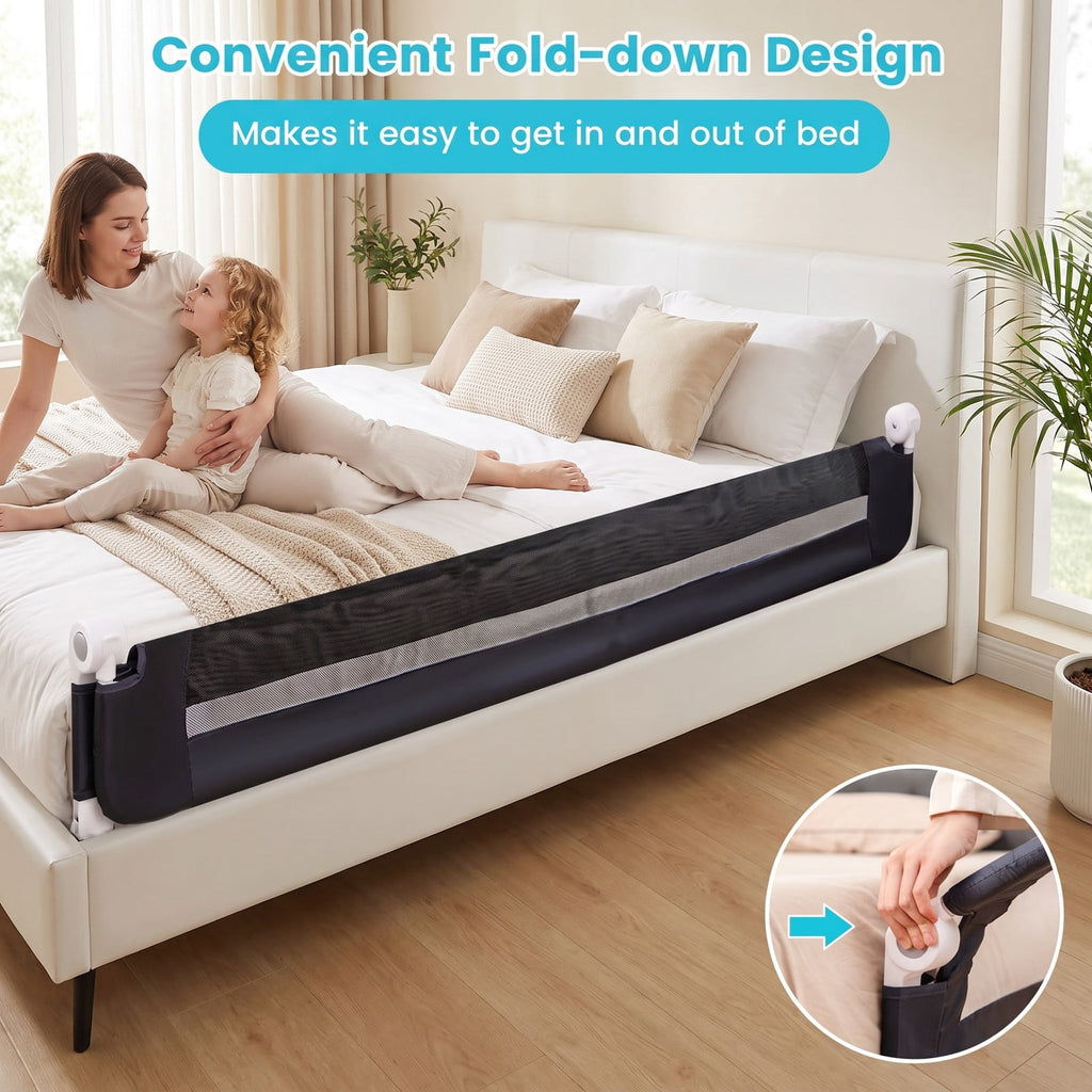 Airfind 71-Inch Foldable Bed Rail Swing Down Baby Bed Guard Rail with Adjustable Safety Strap, Metal Oxford Cloth PP Cotton, Blue