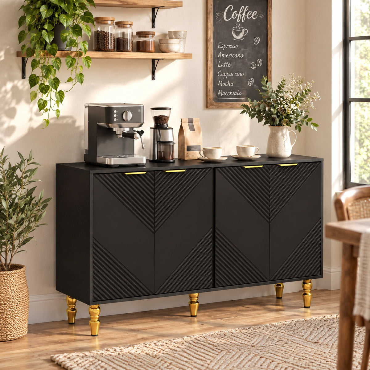 Airfind 47 Sideboard Buffet Cabinet with 4 Chevron Fluted Doors Anti-Toppling Devices for Kitchen, Black