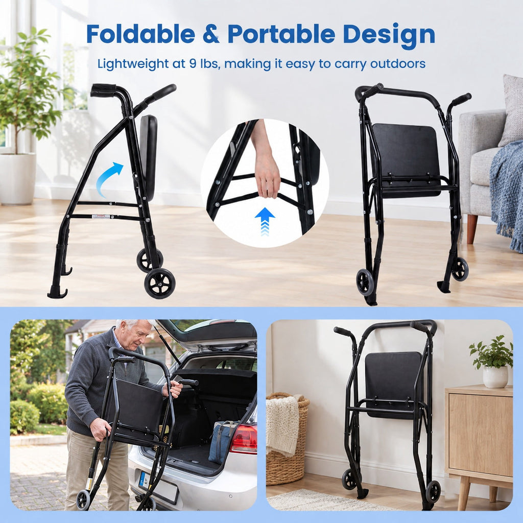 Airfind Lightweight Aluminum Mobility Walker for Seniors with 2 Wheels 5-Level Adjustable Height and Padded Seat, 220 lbs Capacity, Black