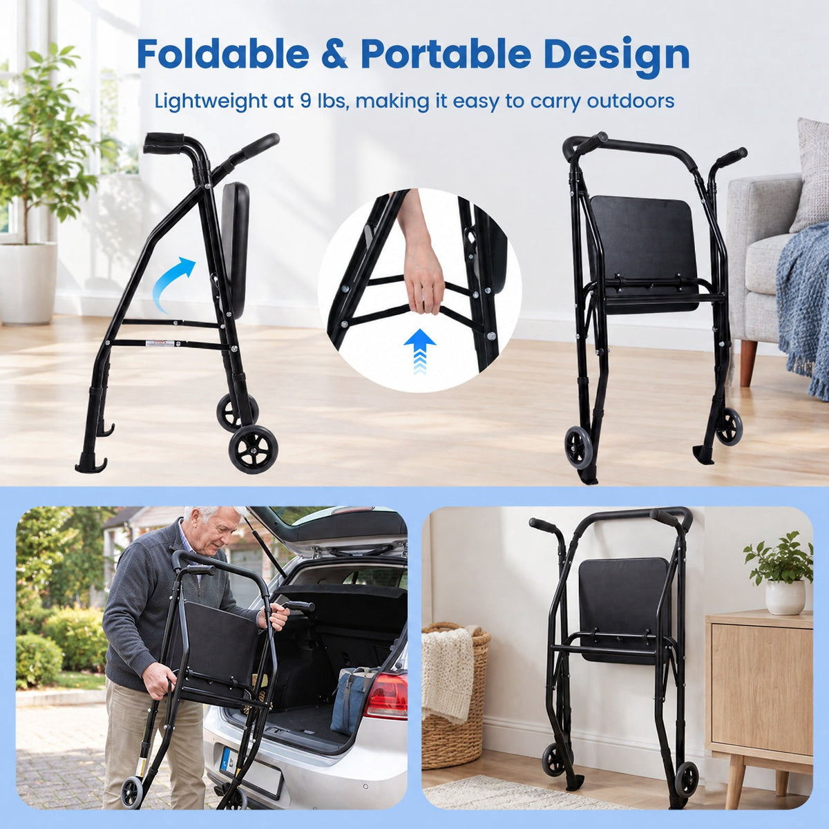 Airfind Lightweight Aluminum Mobility Walker for Seniors with 2 Wheels 5-Level Adjustable Height and Padded Seat, 220 lbs Capacity, Black