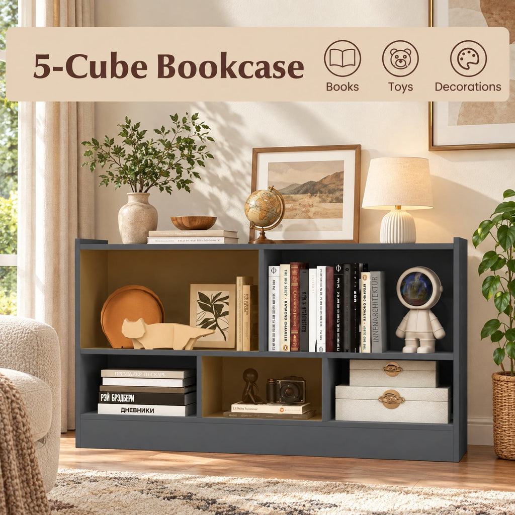 Airfind Kids 5-Cube Bookcase and Toy Storage Organizer, 2-Tier Low Shelf, 44 Inches Wide, for Playroom and Bedroom, Gray